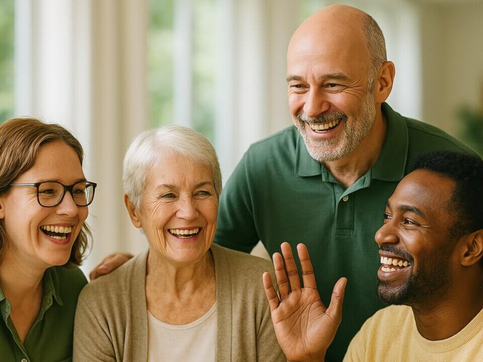 Vier Personen lachen und unterhalten sich bei einem Gemeinschaftstreffen in einem hellen Raum mit Blick ins Grüne.