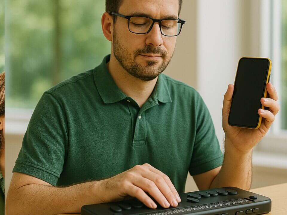 Ein Mann bedient konzentriert ein Braille-Display in Kombination mit einem Smartphone in einem hellen Raum.
