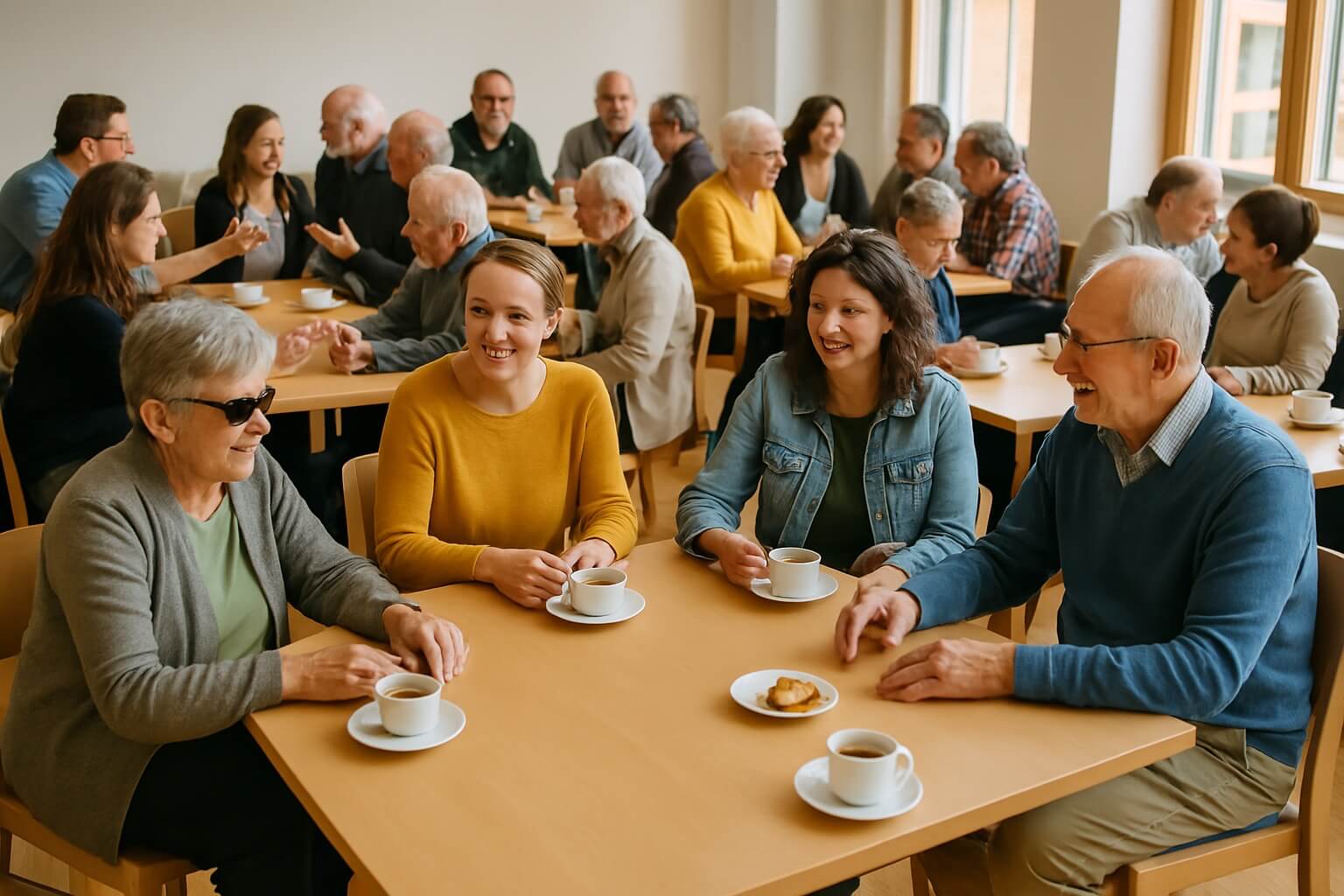 Begegnungstag Taubblinde Kaffeetisch Gemeinschaft Rund zwanzig Personen, darunter taubblinde Menschen und Begleitpersonen, sitzen in einem hellen Raum gemeinsam am Kaffeetisch und tauschen sich aus.