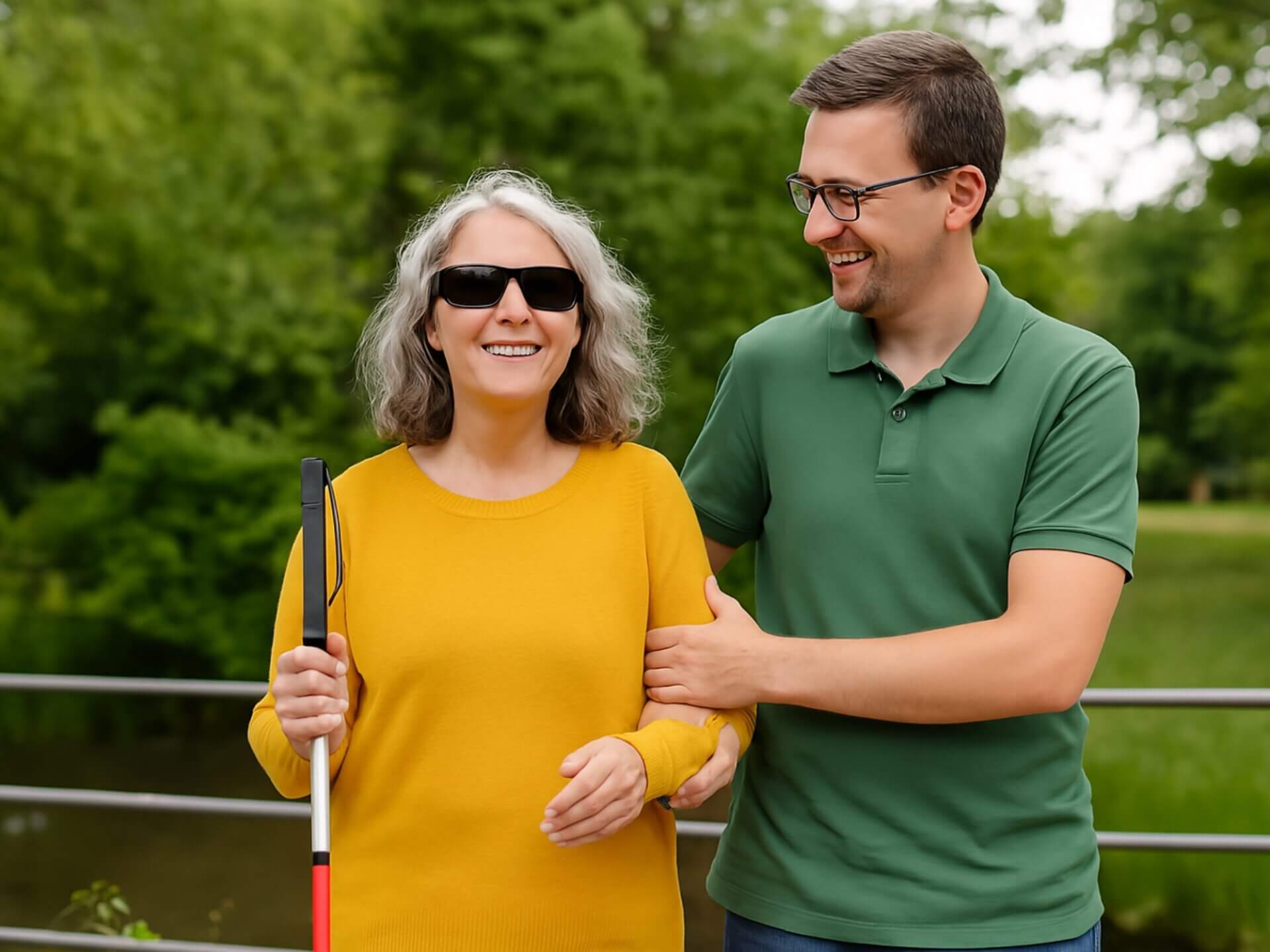 Eine taubblinde Frau wird beim Spaziergang durch einen Park liebevoll von einer Begleitperson unterstützt.