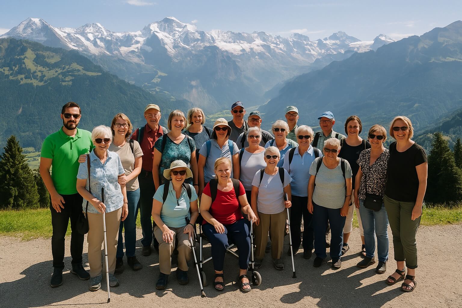 Ferienwoche Interlaken Taubblinde Gruppe Berglandschaft Eine Gruppe von etwa 15 Personen, darunter taubblinde Menschen und Begleitpersonen, steht lachend auf einem Bergweg vor beeindruckender Alpenkulisse.