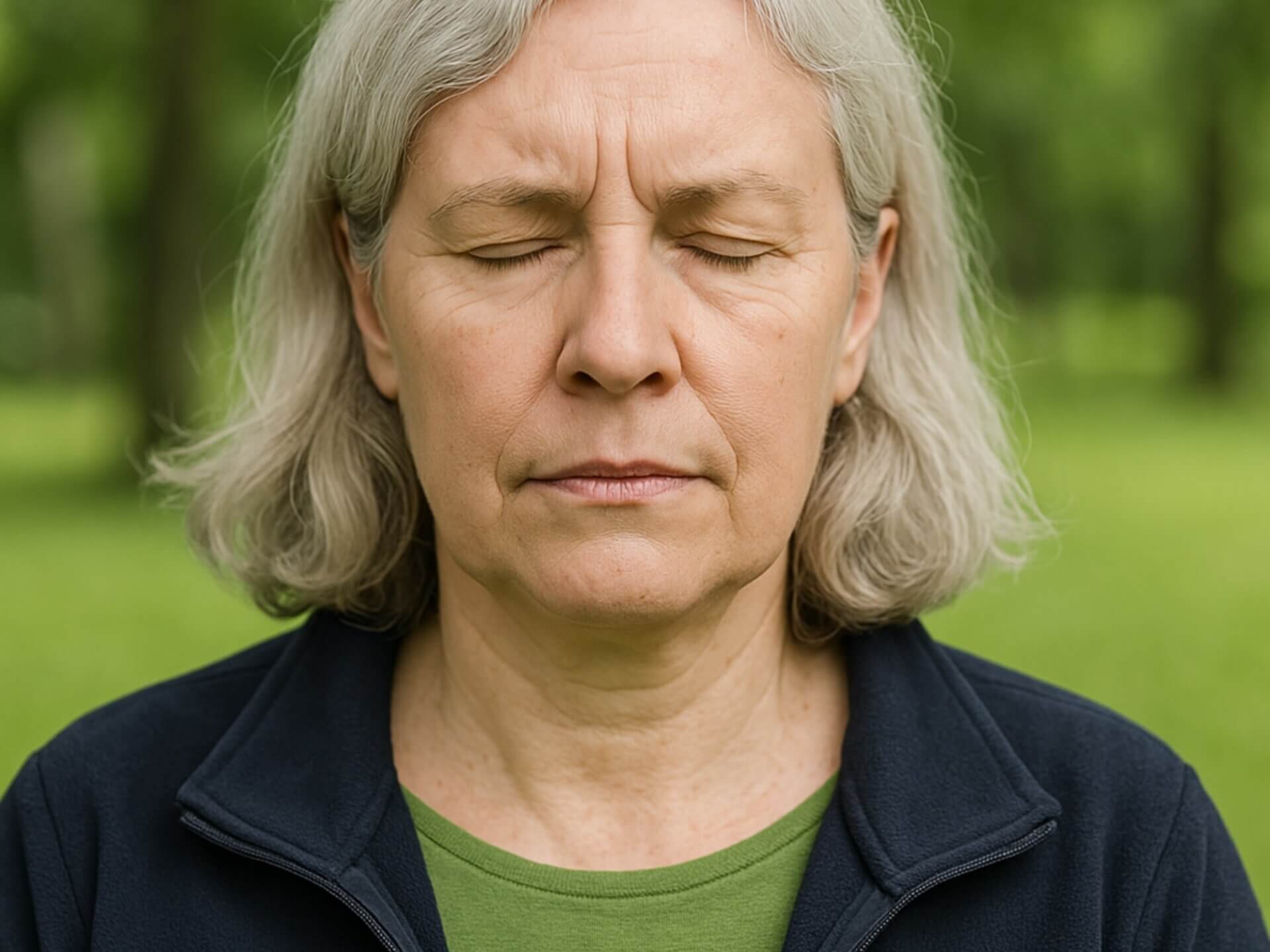 Taubblindheit Verstehen Portraet Nachdenklich Porträt einer nachdenklichen Frau mit geschlossenen Augen in einem Garten, als Symbol für das Leben mit Taubblindheit.