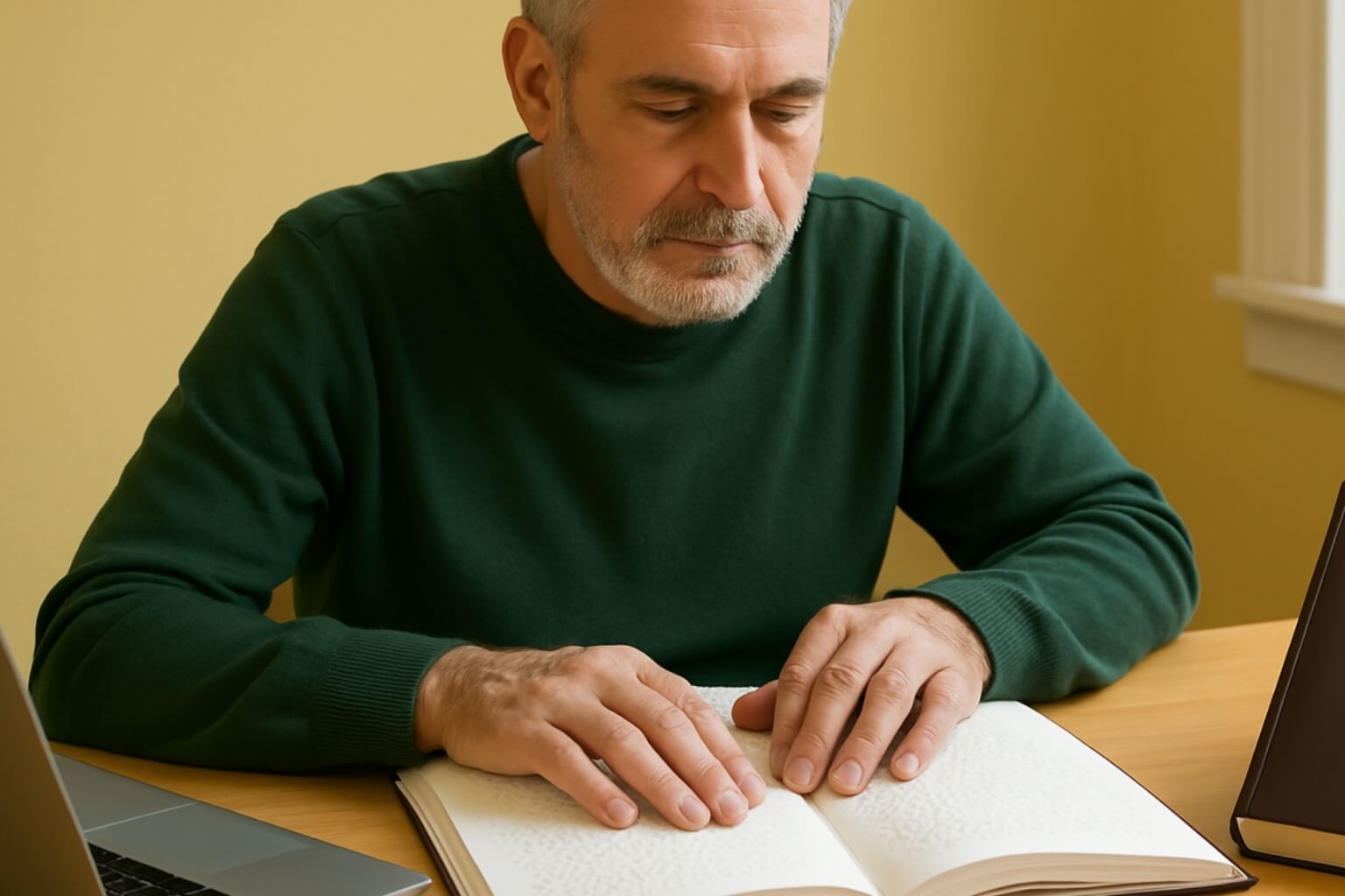 Wort Aus Der Bibel Brailleschrift Leser Ruhiger Raum Ein älterer Mann liest konzentriert in einer Braille-Bibel an einem Holztisch, umgeben von natürlichem Licht und ruhiger Atmosphäre.